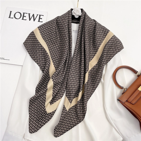 Elegant Square Scarf Polyester Imitation Satin Twill Letter Print Geometric Large Headscarf Contrast Border For Women