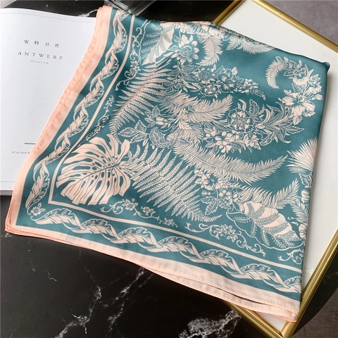 Sciarpa Quadrata Elegante Stampa Foglie Tropicali Raso Imitazione Raso Foulard Testa Collo Donna Accessorio Moda