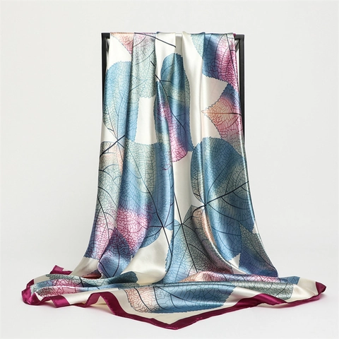 Women Elegant Large Square Scarf Satin Imitation Satin Artistic Leaf Print Decorative Hair Handbag Head Accessory