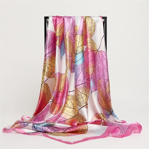 Women Elegant Large Square Scarf Satin Imitation Satin Artistic Leaf Print Decorative Hair Handbag Head Accessory