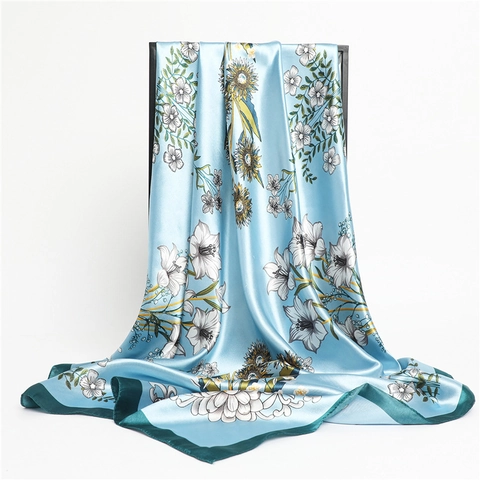 Satijn Polyester Vierkante Sjaal Bloemenprint Dames Lichtgewicht Zonnebloem Lelie Patroon Elegante Hoofddoek Modasjaal