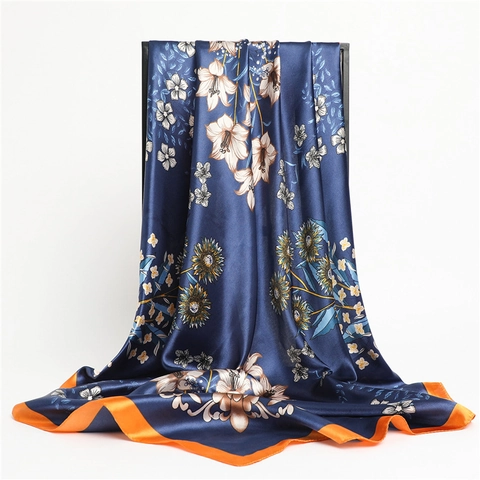 Satijn Polyester Vierkante Sjaal Bloemenprint Dames Lichtgewicht Zonnebloem Lelie Patroon Elegante Hoofddoek Modasjaal
