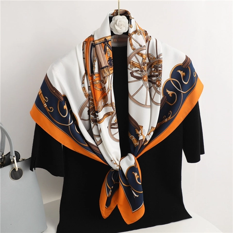 Elegant Women Square Scarf Satin Feeling Satin Carriage Horse Print Vintage Twill Large Shawl Headscarf Accessory