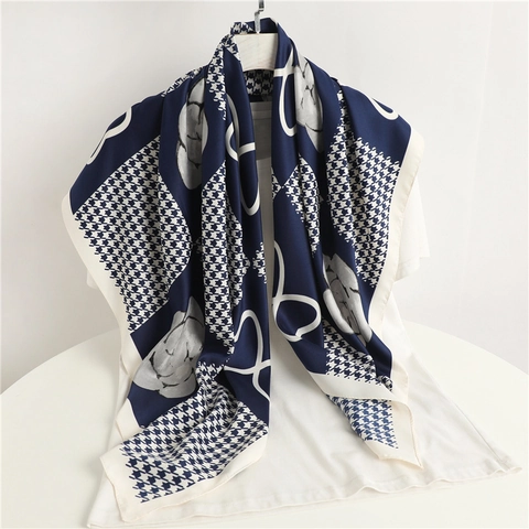 Women Square Scarf Satin Like Satin Houndstooth Camellia Floral Print Elegant Fashion Neck Head Wrap