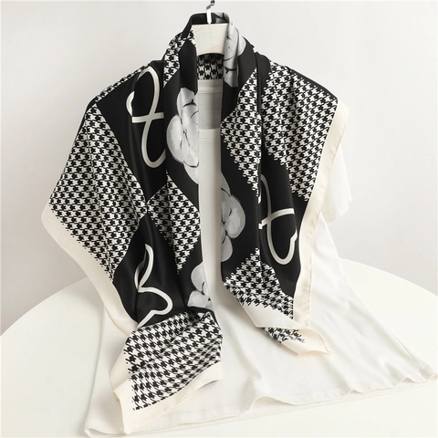 Women Square Scarf Satin Like Satin Houndstooth Camellia Floral Print Elegant Fashion Neck Head Wrap