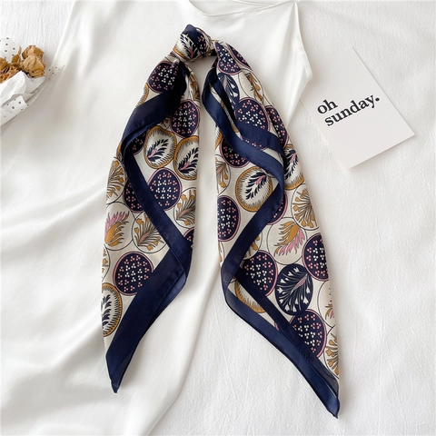 Women Square Satin Like Satin Scarf Elegant Leaf Polka Dot Print Neckerchief Fashion Hair Band Thin Decorative Scarf Accessory