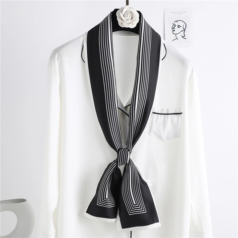Women Striped Narrow Necktie Scarf Faux Satin Double Layer Long Ribbon For Office Elegant French Style Fashion Accessory