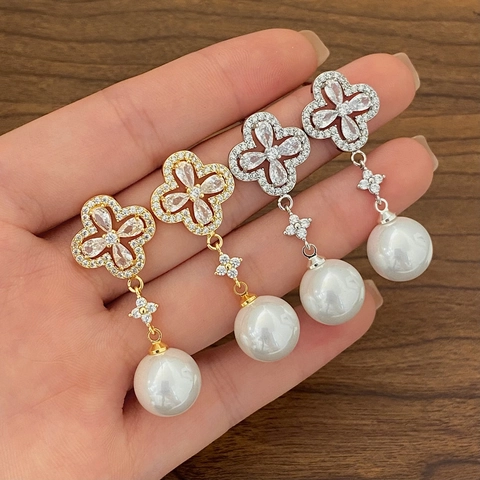 Franse Klaver Zirkoon Kunstparel Druppel Oorbellen Met 925 Sterling Zilveren Oorsteker Elegante Luxe Sieraden