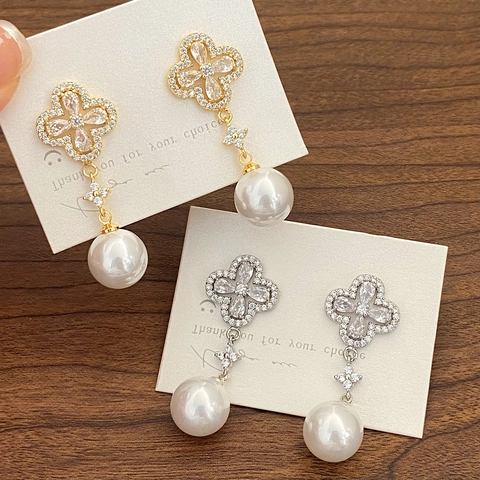 Franse Klaver Zirkoon Kunstparel Druppel Oorbellen Met 925 Sterling Zilveren Oorsteker Elegante Luxe Sieraden
