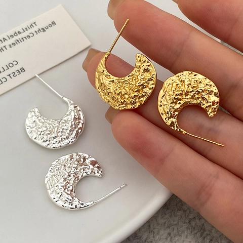 Vintage Hammered Texture C Hoop Earrings Copper Gold Plated Irregular Lava Geometric Ear Studs For Women