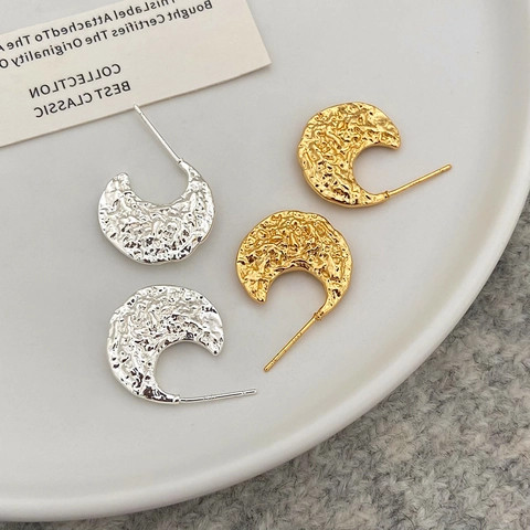Vintage Hammered Texture C Hoop Earrings Copper Gold Plated Irregular Lava Geometric Ear Studs For Women