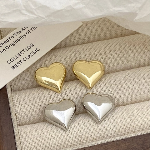 Boucles Doreilles Puces Coeur 3D Pour Femmes Simples Elegantes Minimalistes Metal Haute Polissage Plaque Or Et Argent