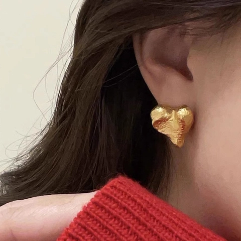 Heart Stud Earrings With 925 Sterling Silver Earring Post Copper Gold Silver Lava Texture Vintage Minimalist For Women