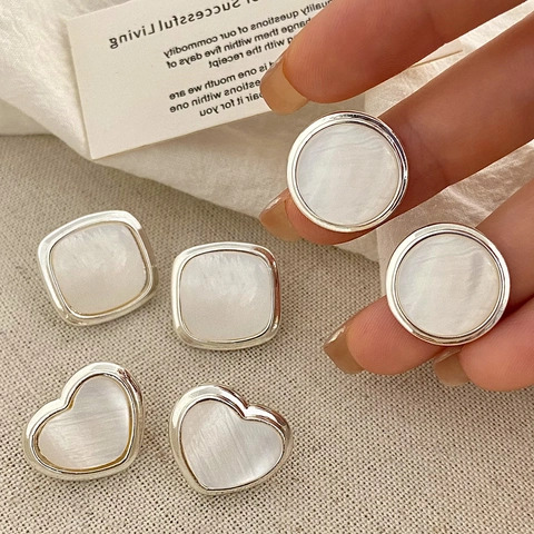 Geometric Stud Earrings Copper White Shell Texture French Retro Heart Square Round Minimalist Jewelry For Women