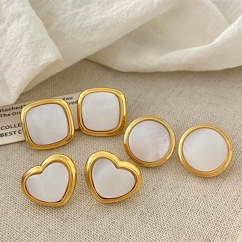 Geometric Stud Earrings Copper White Shell Texture French Retro Heart Square Round Minimalist Jewelry For Women