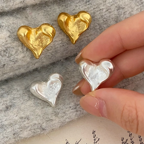 Heart Stud Earrings With 925 Sterling Silver Earring Post Copper Gold Silver Lava Texture Vintage Minimalist For Women