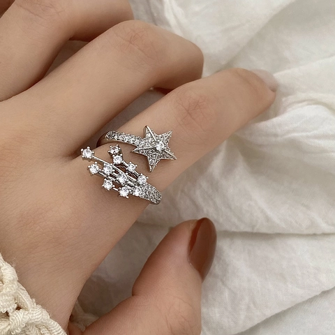 Funkelnder Zirkonia Stern Offener Ring Für Damen Eleganter Kupfer Sternschnuppe Verstellbarer Modeschmuck