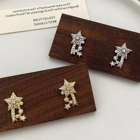 Shiny Shooting Star Stud Earrings And Adjustable Open Ring Women Copper Gold Plated Zircon Elegant Dainty Fashion Jewelry