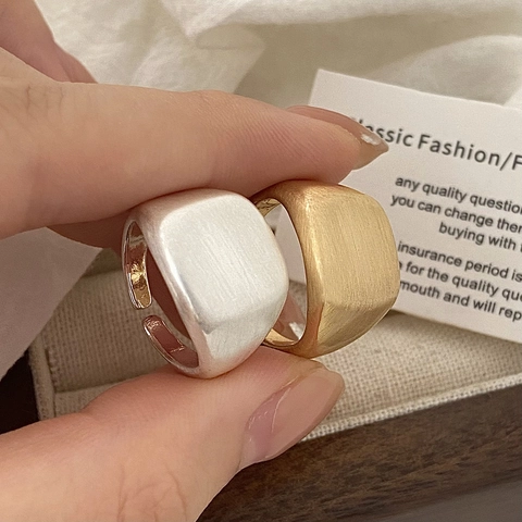 Minimalist Square Signet Ring Brushed Matte Finish Copper Gold Silver Plated Open Adjustable Band Modern Jewelry Unisex