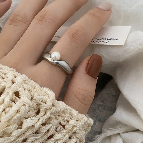 French Style Minimalist Artificial Pearl Adjustable Open Ring Irregular Wavy Matte Copper Plated Gold Elegant Jewelry For Women