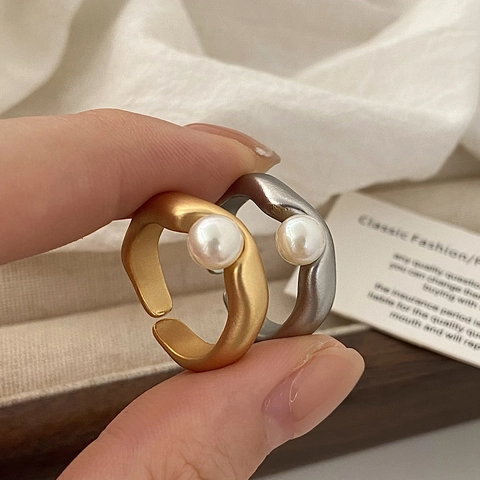 French Style Minimalist Artificial Pearl Adjustable Open Ring Irregular Wavy Matte Copper Plated Gold Elegant Jewelry For Women