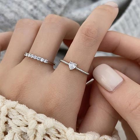 Heart Shaped Zircon Ring Copper Twisted Rope Design Delicate Row Cubic Zirconia Adjustable Jewelry For Women