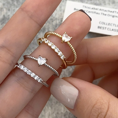 Heart Shaped Zircon Ring Copper Twisted Rope Design Delicate Row Cubic Zirconia Adjustable Jewelry For Women