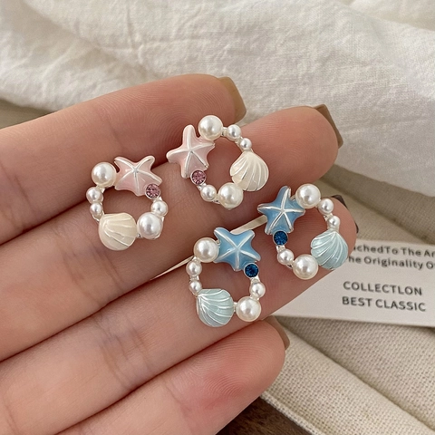 Ocean Theme Starfish Shell Stud Earrings Artificial Pearl Enamel Drip Oil Sweet Fresh Summer Jewelry For Women With Copper Earring Post