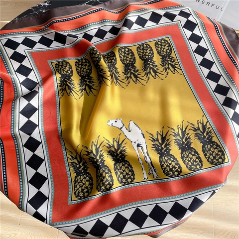 Damen Quadratischer Schal Satin KunstSatin Ananas Kamel Druck Geometrisches Muster Elegant Hals Kopftuch Mode Accessoire