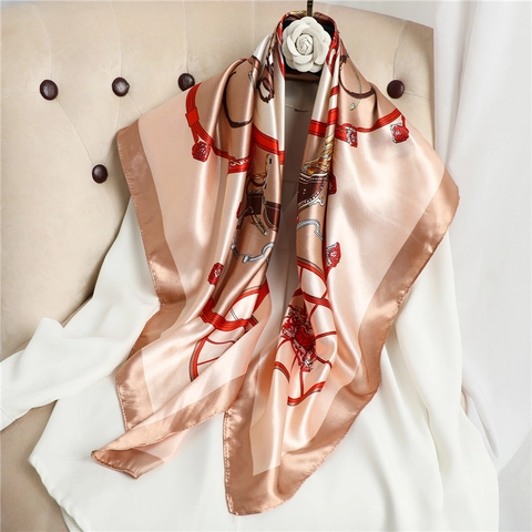 Sciarpa Donna Stampa Carrozza Vintage Raso Setoso Grande Quadrato Foulard Elegante Scialle Di Lusso Francese