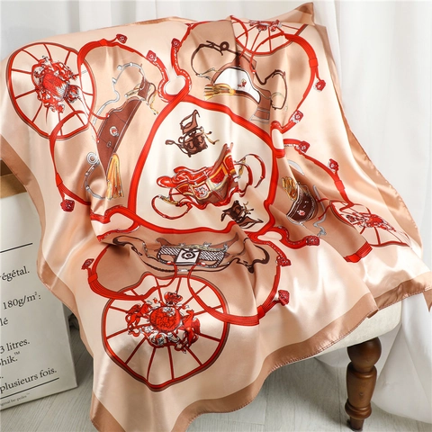 Sciarpa Donna Stampa Carrozza Vintage Raso Setoso Grande Quadrato Foulard Elegante Scialle Di Lusso Francese