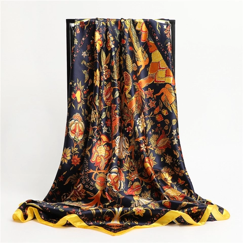 Carré De Satin Paon Motif Fleuri Imitation Satin Satin Châle Vintage Décoratif Protection Solaire Foulard Femme