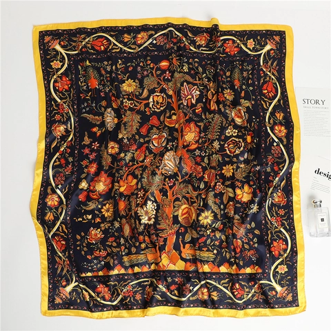 Carré De Satin Paon Motif Fleuri Imitation Satin Satin Châle Vintage Décoratif Protection Solaire Foulard Femme