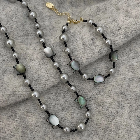 Grey Imitation Artificial Pearl Necklace And Bracelet Cat Shell Pendant Black Faceted Beads Elegant Jewelry For Women