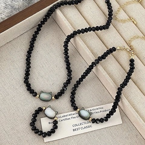 Black Faceted Crystal Bead Necklace Bracelet And Ring With Mother Of Artificial Pearl Cat Head Charm Gold Plated Elegant Jewelry