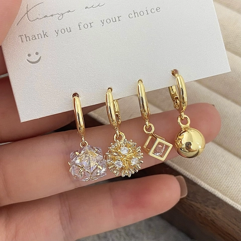 Boucles Oreilles Créoles Pendantes En Zircon Cuivre Plaqué Or Bijoux Élégants Géométriques Pour Femmes