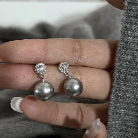 Boucles Oreilles Pendantes Künstliche Perles Rondes Oxyde De Zirconium Micro Pavé Élégant Bijoux Fantaisie Femme Base En Laiton