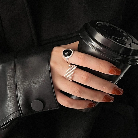 Retro Ring Met Zwarte Steen Koper Geometrisch Verstelbaar Vingersieraad Vintage Punk Mode Voor Dames Heren