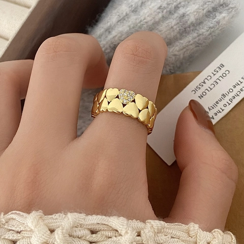 Sweet Heart Open Ring Copper Real Gold Plated Zircon Double Row Elegant Adjustable Finger Jewelry For Women