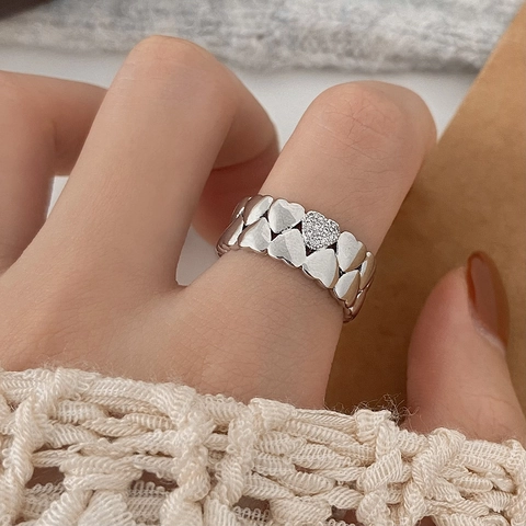 Sweet Heart Open Ring Copper Real Gold Plated Zircon Double Row Elegant Adjustable Finger Jewelry For Women