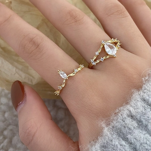 Elegant Adjustable Double Layer Open Ring Copper Gold Plated Zircon Heart Crown V Shape Design Retro Jewelry For Women