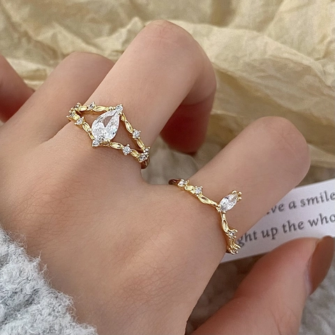 Elegant Adjustable Double Layer Open Ring Copper Gold Plated Zircon Heart Crown V Shape Design Retro Jewelry For Women