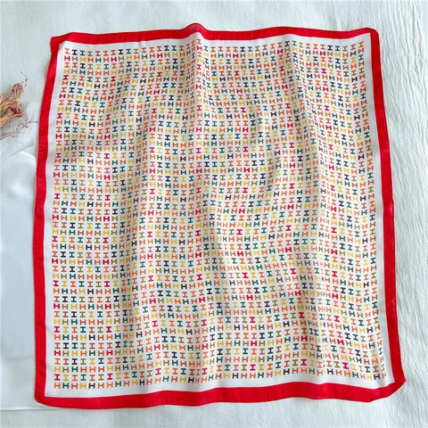Women Square Scarf Faux Satin Polyester Letter H Print Colorful Contrast Red Border Neck Scarf Headscarf Hair Tie Elegant Fashion Accessory