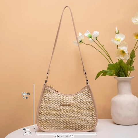 Women Straw Woven Underarm Shoulder Bag With PU Leather Strap Solid Color Summer Beach Purse Fashion