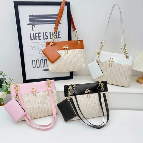 Borsa Tote Intrecciata E Piccola Pochette Pelle PU Patchwork Paglia Mano Flamingo Catena Dorata Donne