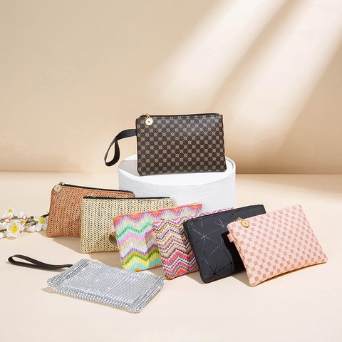 Women Fashion PU Leather Clutch Bag Printed Monogram Woven Pattern Wristlet Wallet Zipper Portable Handbag Organizer For Daily Travel