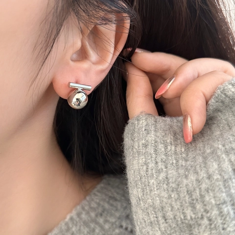 Geometric Stud Earrings With Metal Sphere And Horizontal Bar Minimalist High Polish Copper Plated Gold Accessory Women