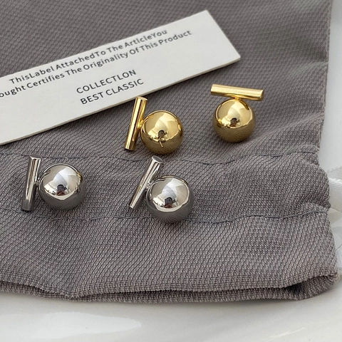 Geometric Stud Earrings With Metal Sphere And Horizontal Bar Minimalist High Polish Copper Plated Gold Accessory Women
