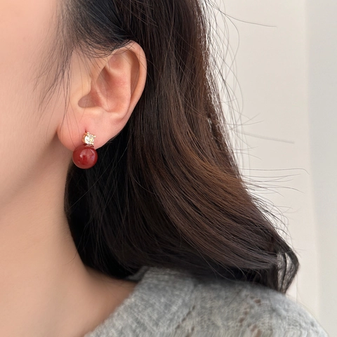 French Retro Red Artificial Pearl Stud Earrings With Round Clear Zircon Plated Copper Base Elegant Festive Jewelry For Women