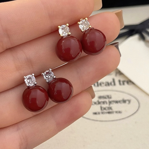 French Retro Red Artificial Pearl Stud Earrings With Round Clear Zircon Plated Copper Base Elegant Festive Jewelry For Women